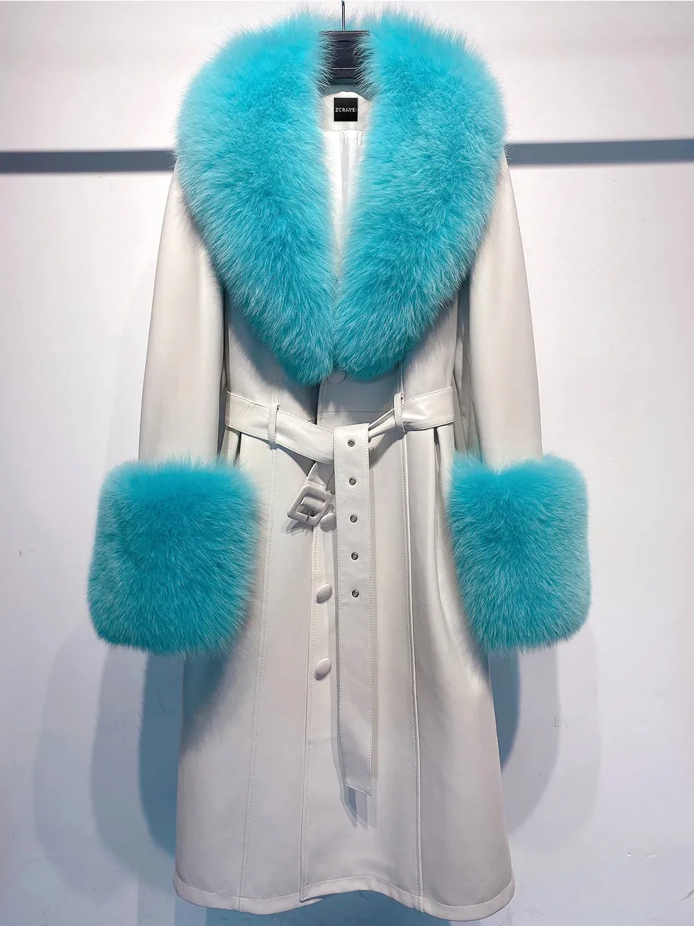 Faux Fur Genuine Leather Coat in White & Blue