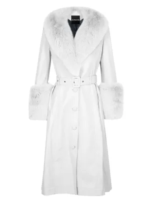 Faux Fur Genuine Leather Coat In White