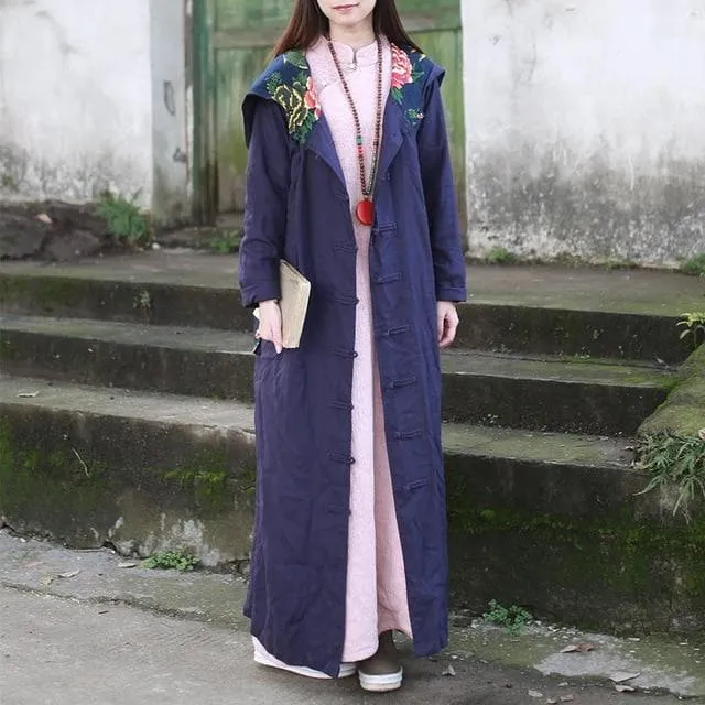 Floral Patchwork Hooded Linen Trench Coat