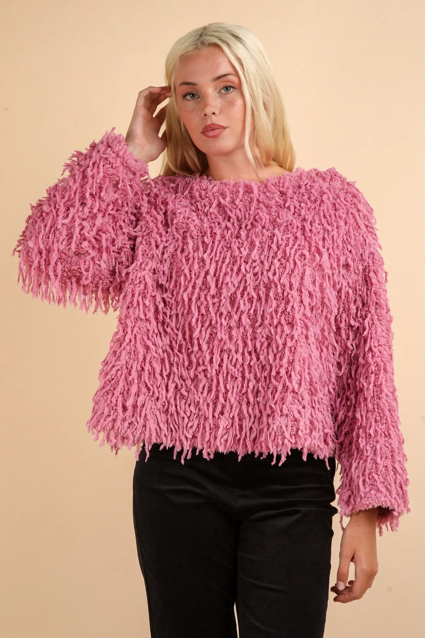 Fluffy Sweater with Velvet Ribbon in Back - Pink