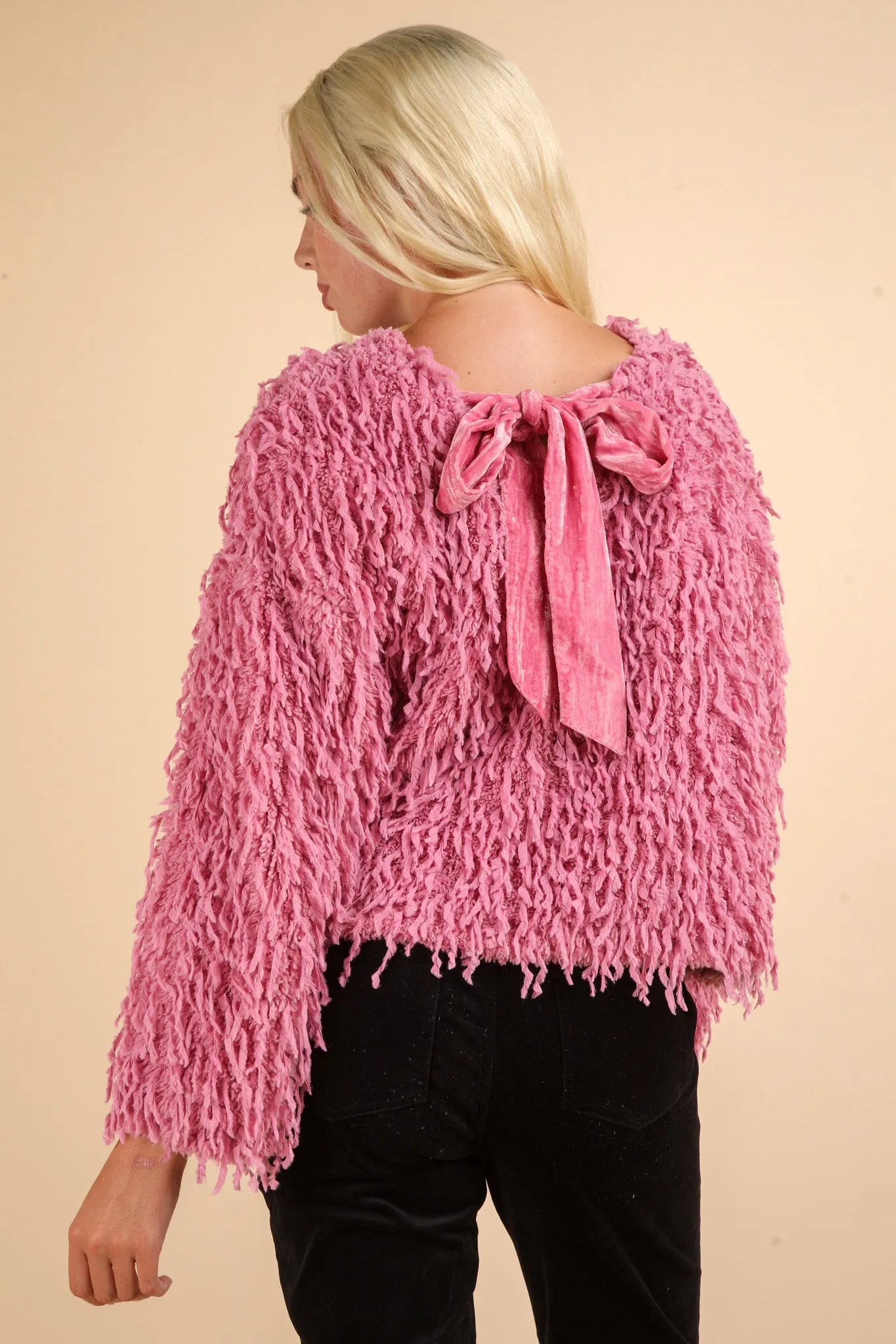 Fluffy Sweater with Velvet Ribbon in Back - Pink