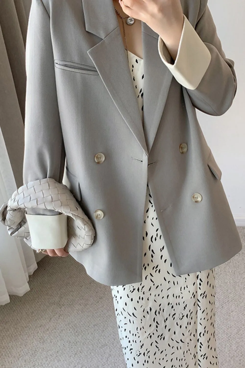 Gray Rolled Sleeve Double Breasted  Blazer