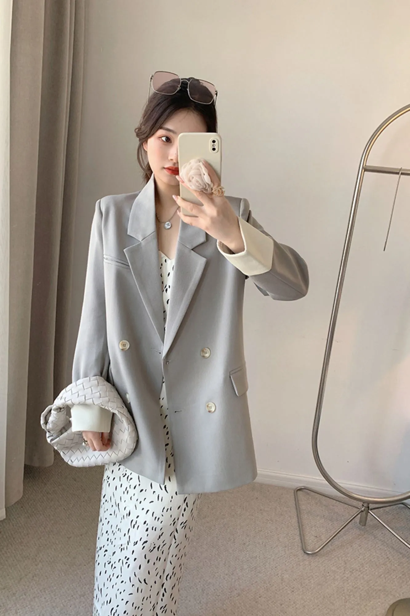 Gray Rolled Sleeve Double Breasted  Blazer