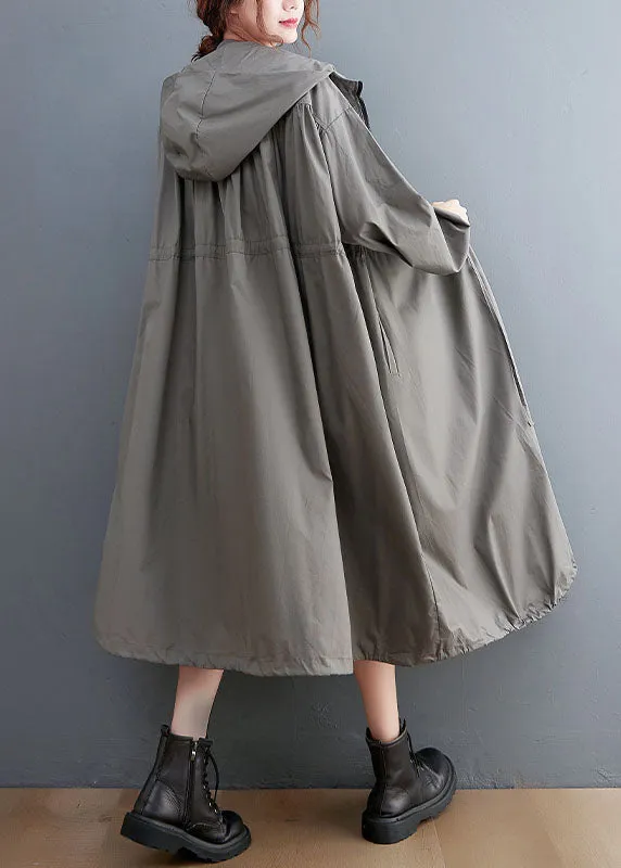 Grey Oversized Cotton Trench Coat Hooded Drawstring Spring AC2081