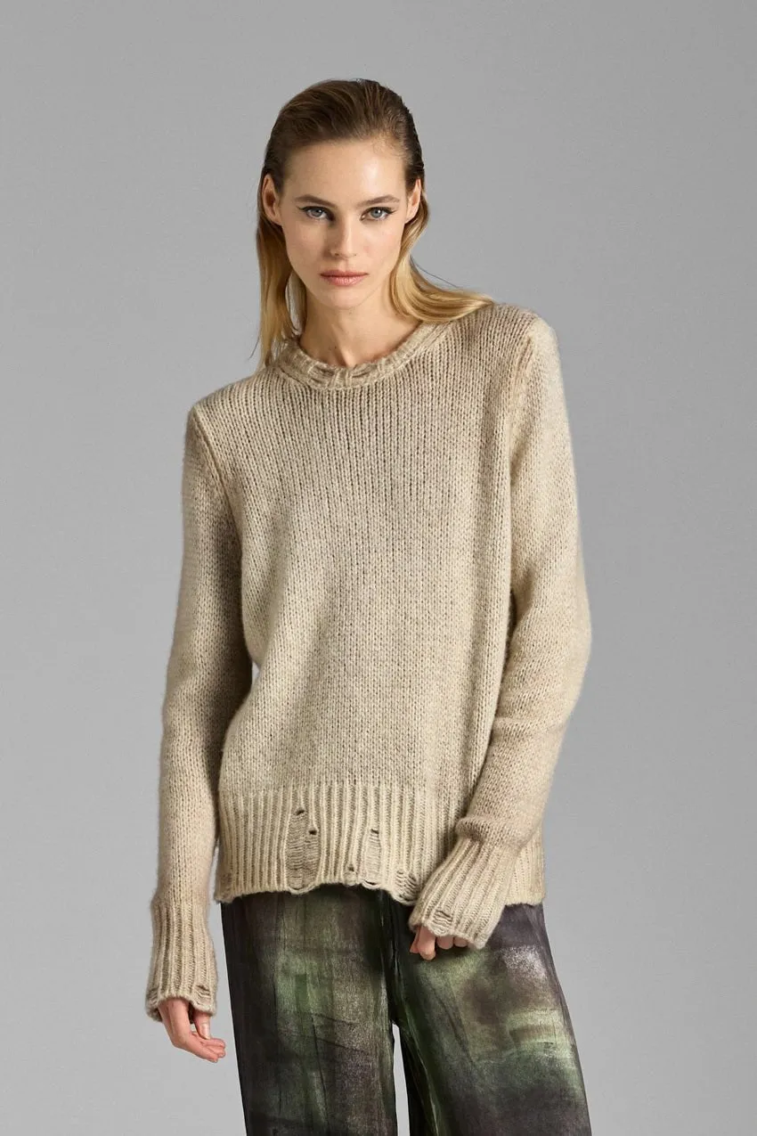 HAND PAINTED ROUND NECK PULLOVER WITH DESTROYED EDGES IN CASHMERE AND SILK