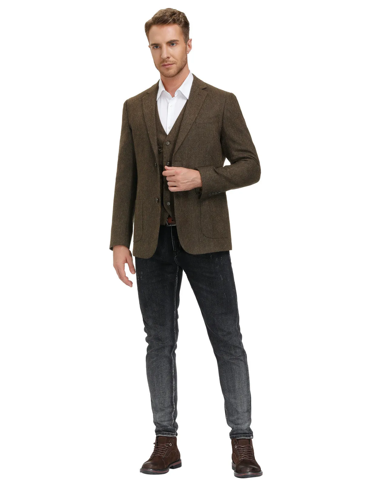 Herringbone Tweed Two Button Blazer British Wool Blend Sport Coat Jackets