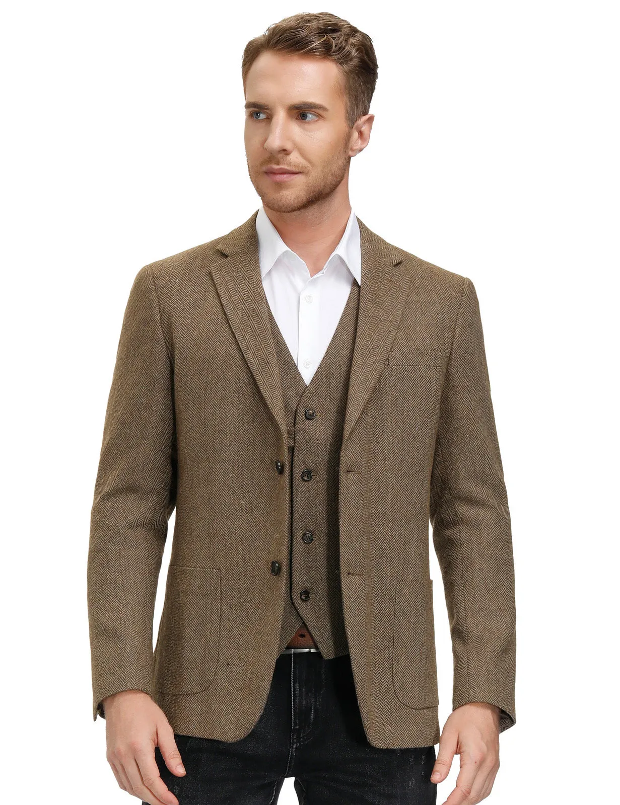 Herringbone Tweed Two Button Blazer British Wool Blend Sport Coat Jackets