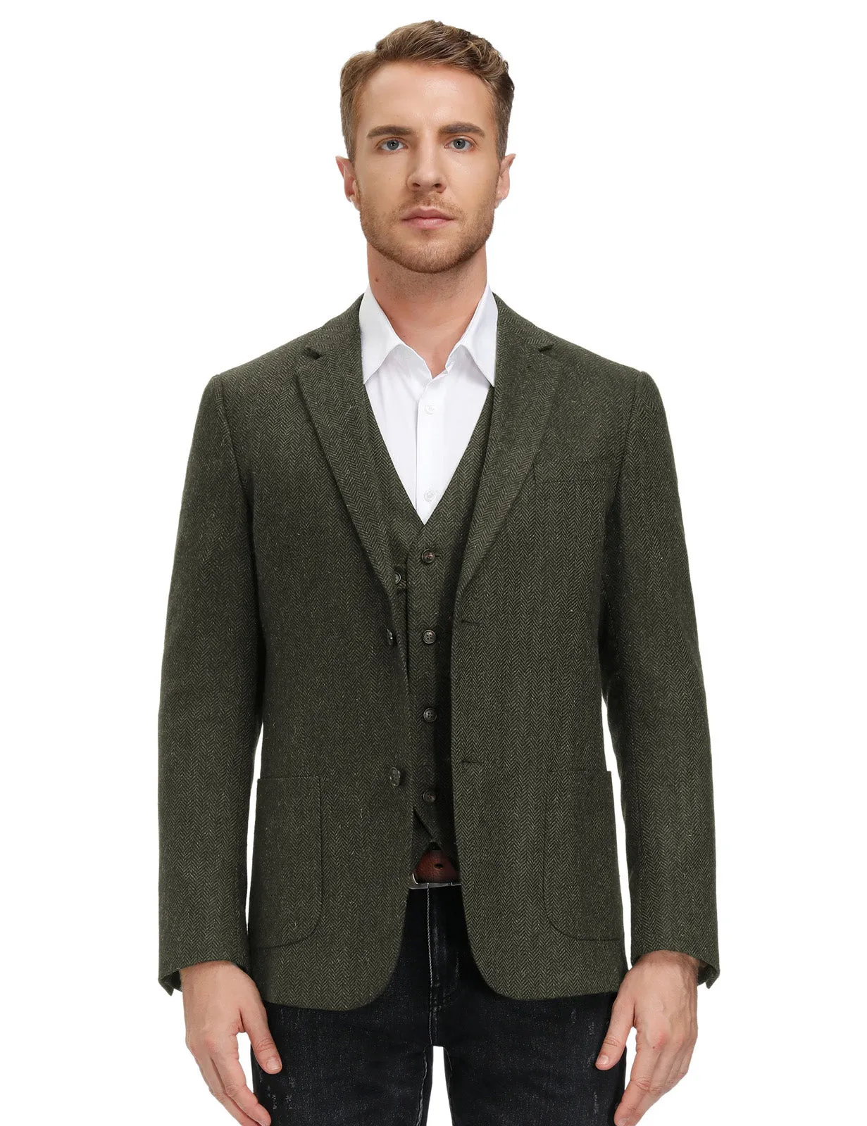 Herringbone Tweed Two Button Blazer British Wool Blend Sport Coat Jackets