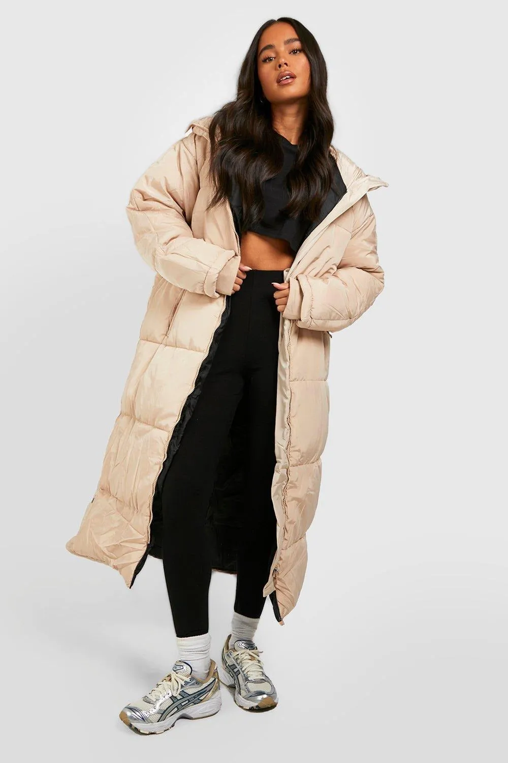 HOODED LONGLINE PUFFER JACKET-STONE