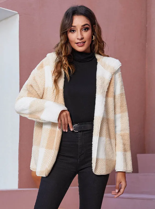 Hooded Pocket Casual Plaid Plush Coat