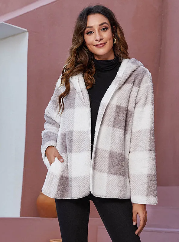 Hooded Pocket Casual Plaid Plush Coat