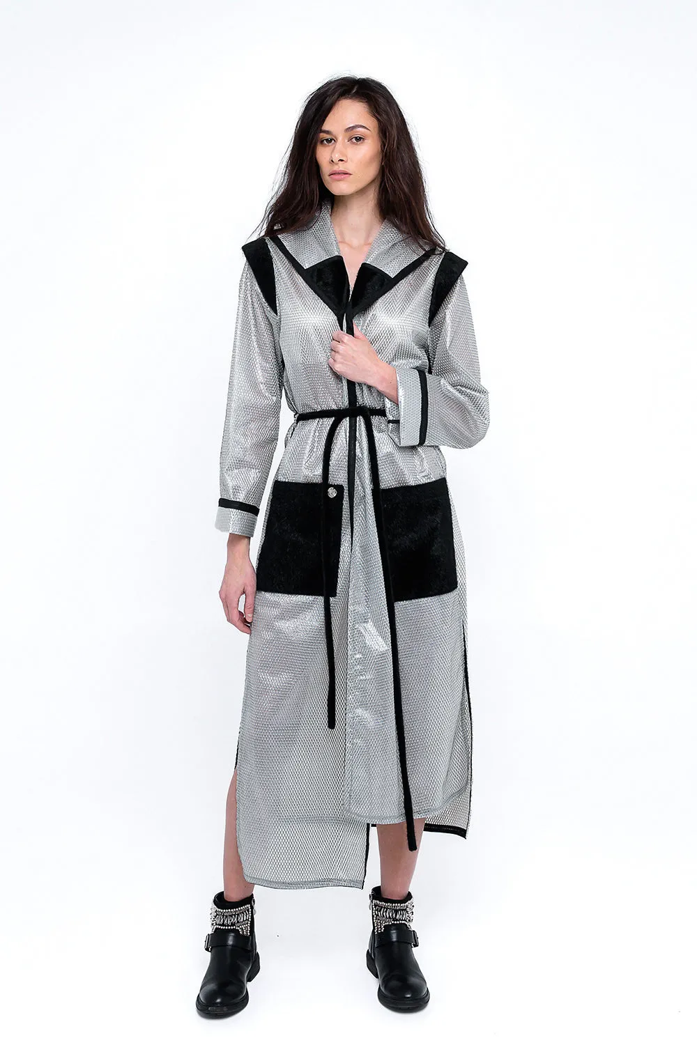 Hooded Silver Trench Coat