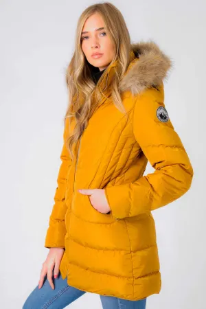 Jaboris Fur Funnel Neck Longline Quilted Puffer Coat in Mustard - Tokyo Laundry