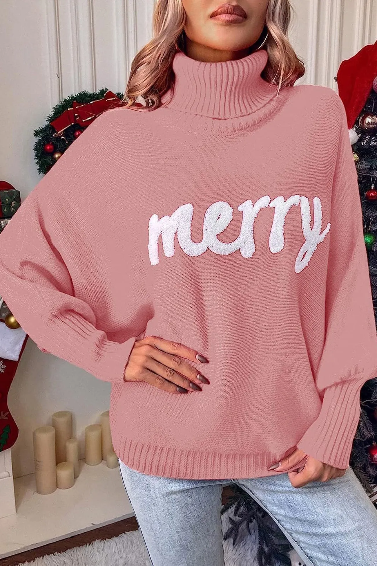 Joskaa Merry Printed Dolman Sleeve Turtleneck Knitted Sweater