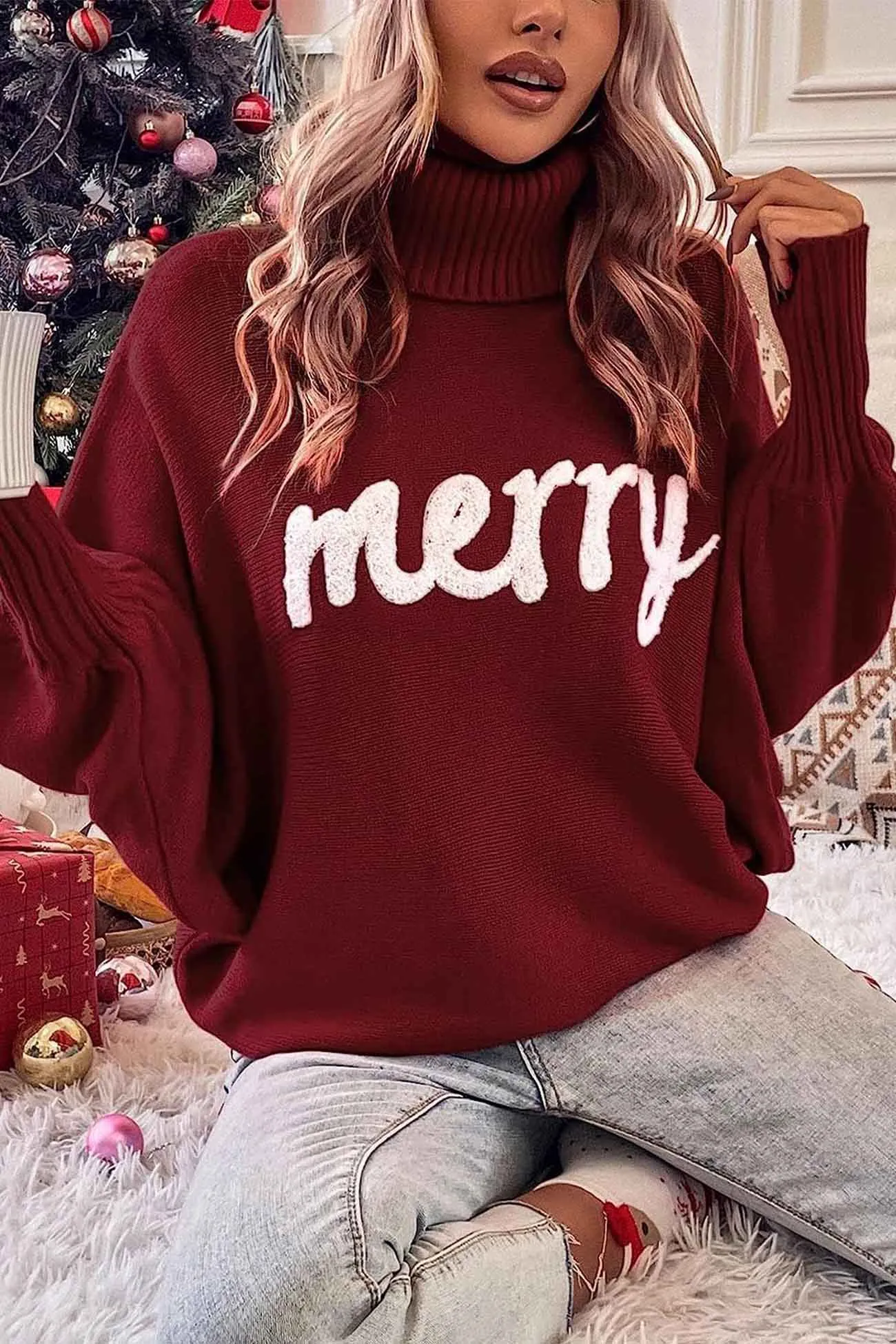 Joskaa Merry Printed Dolman Sleeve Turtleneck Knitted Sweater