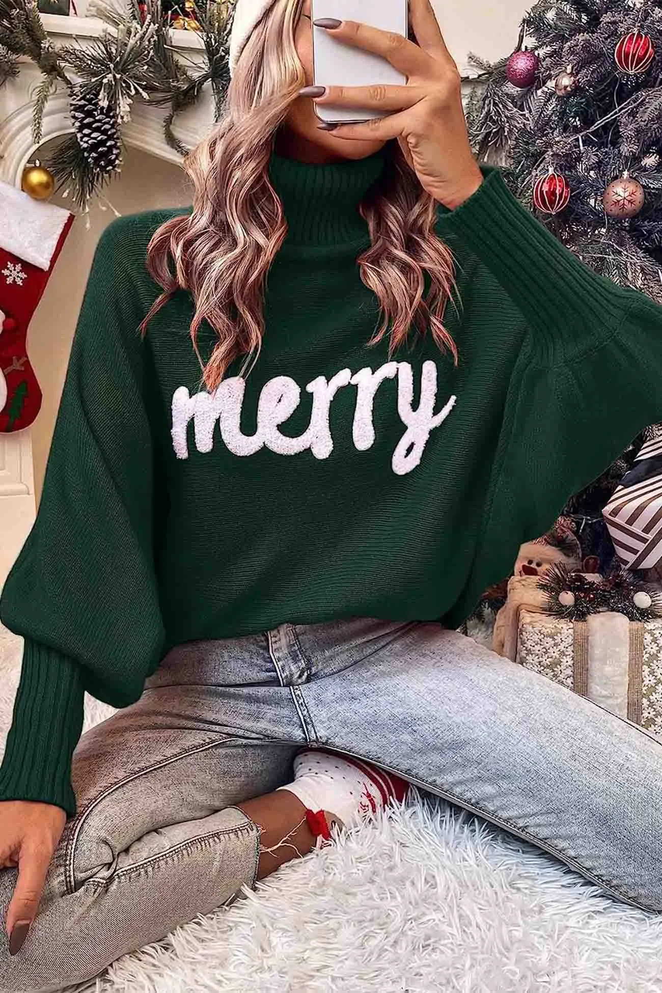 Joskaa Merry Printed Dolman Sleeve Turtleneck Knitted Sweater