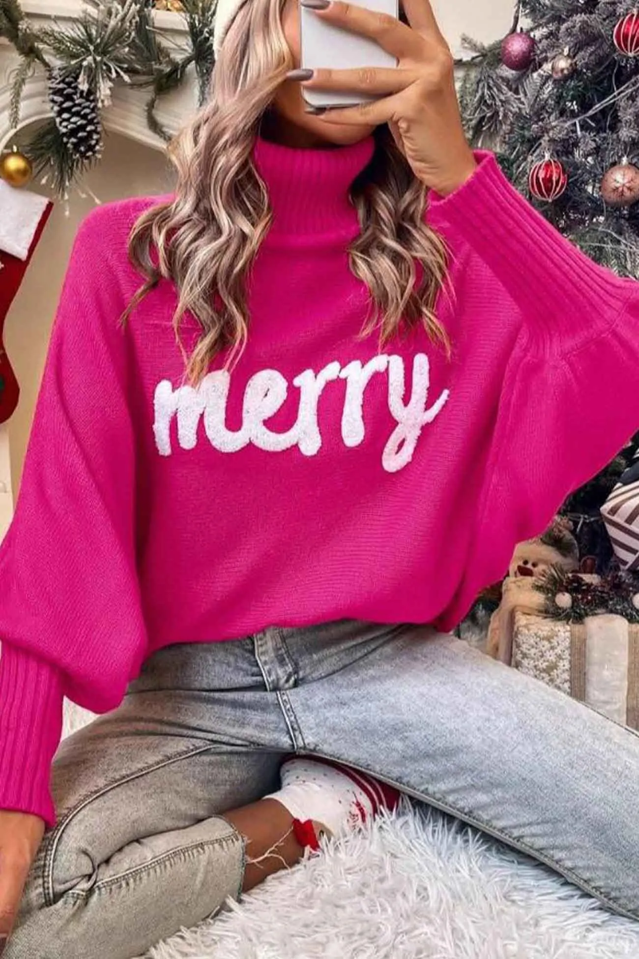 Joskaa Merry Printed Dolman Sleeve Turtleneck Knitted Sweater