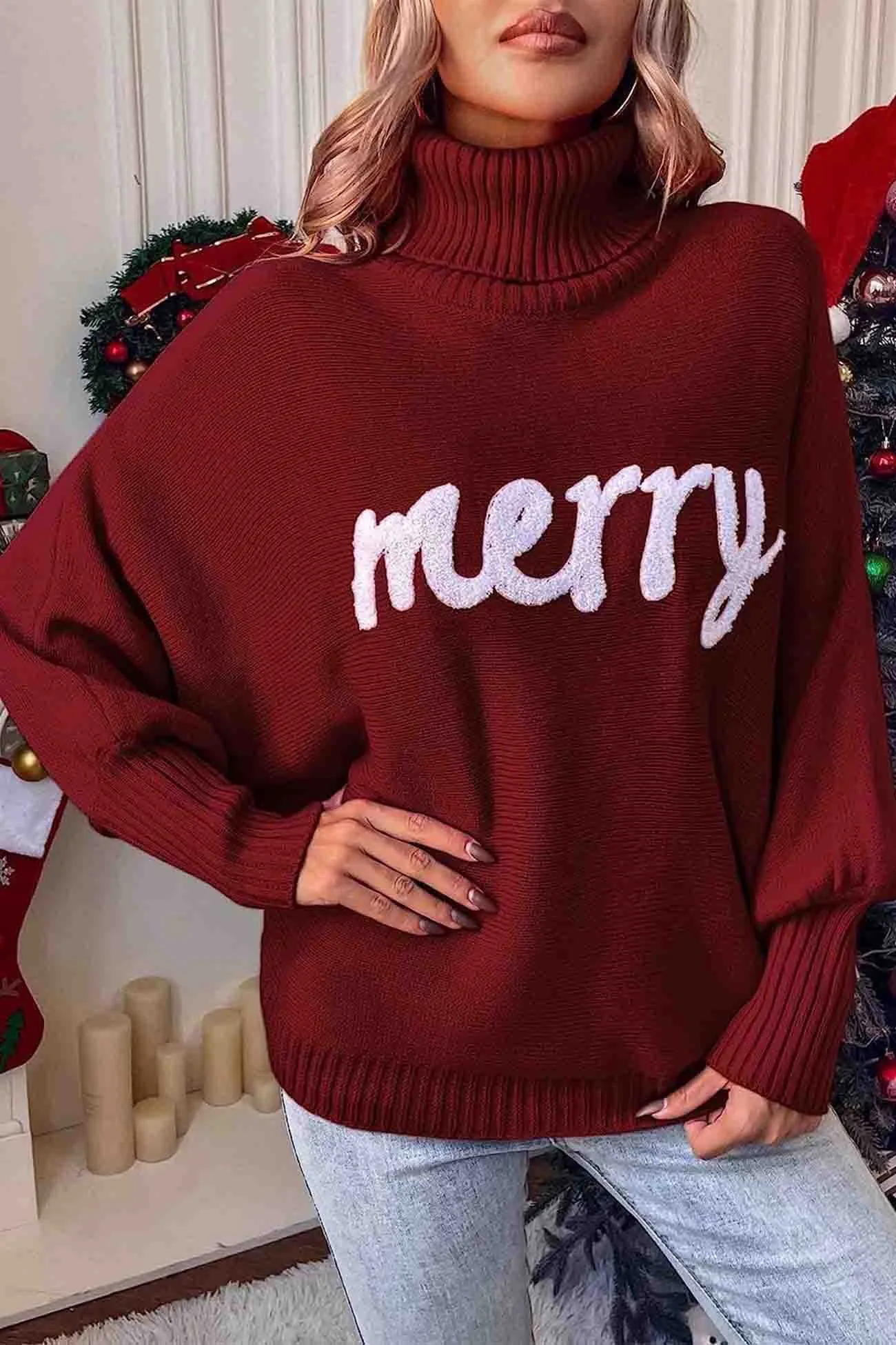 Joskaa Merry Printed Dolman Sleeve Turtleneck Knitted Sweater