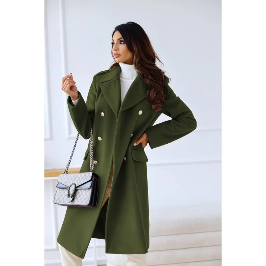 Lapel Collar Button Decor Longline Double Breasted Wool-Mix Coat