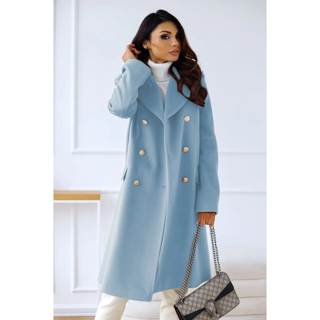 Lapel Collar Button Decor Longline Double Breasted Wool-Mix Coat