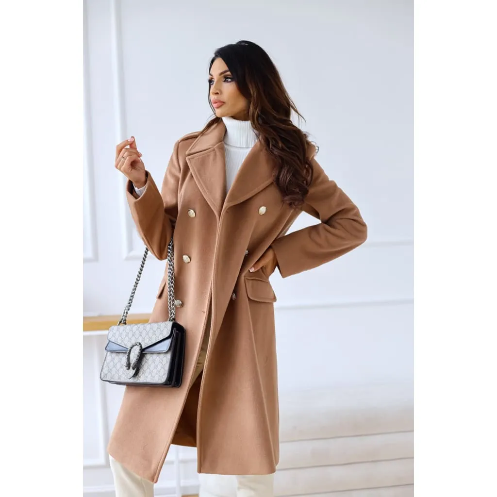 Lapel Collar Button Decor Longline Double Breasted Wool-Mix Coat