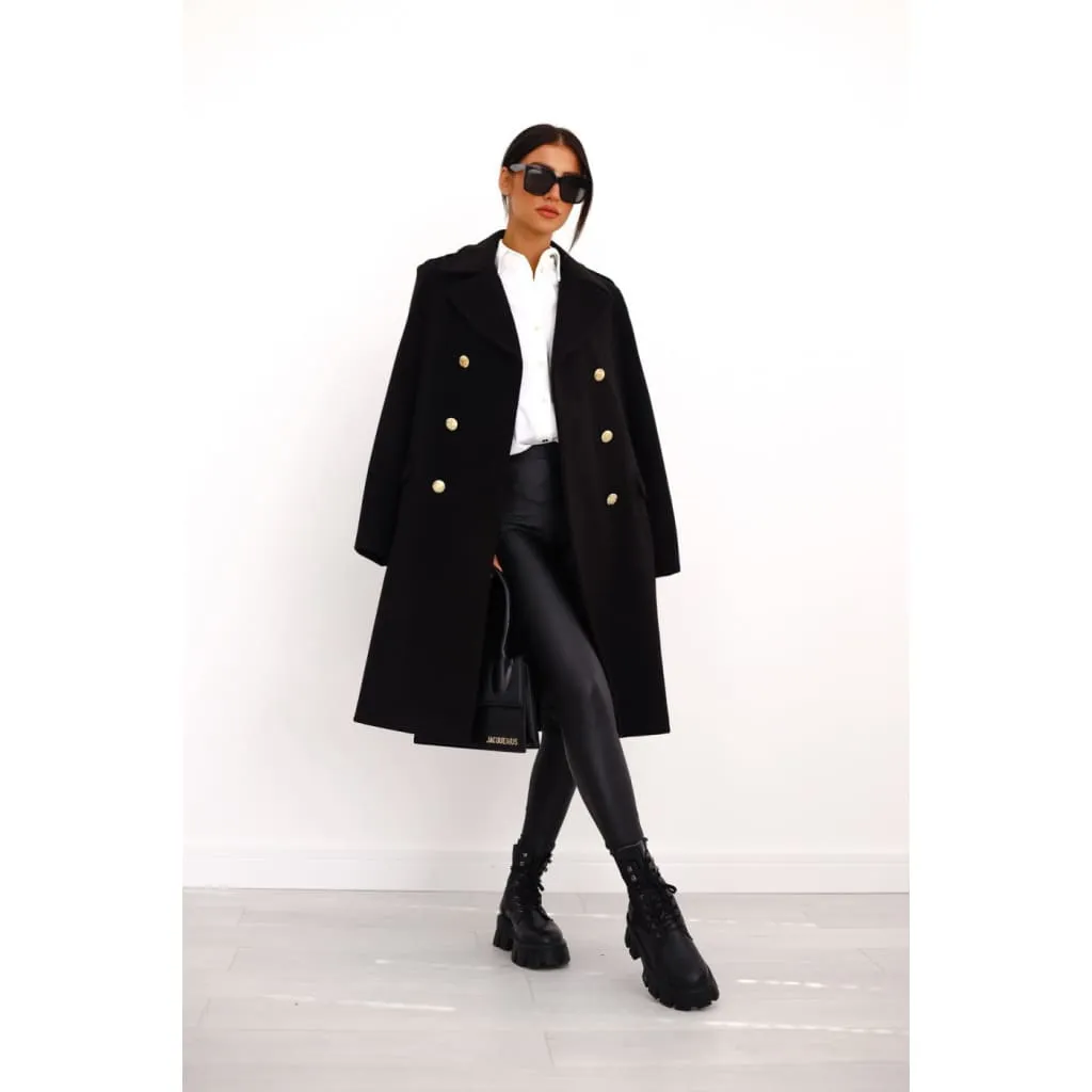 Lapel Collar Button Decor Longline Double Breasted Wool-Mix Coat