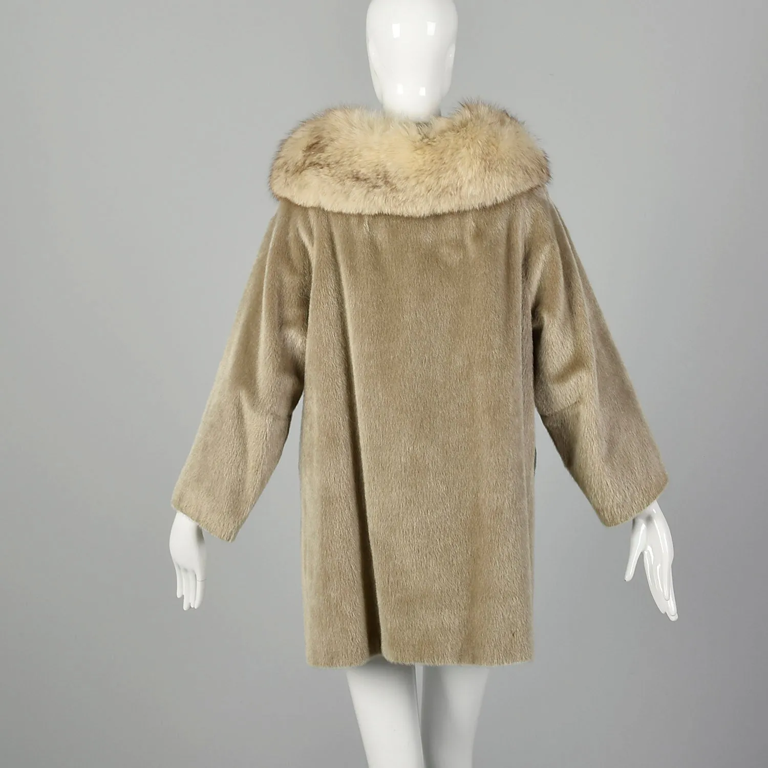 Large 1960s Tan Faux Fur and Fox Fur Collar Coat