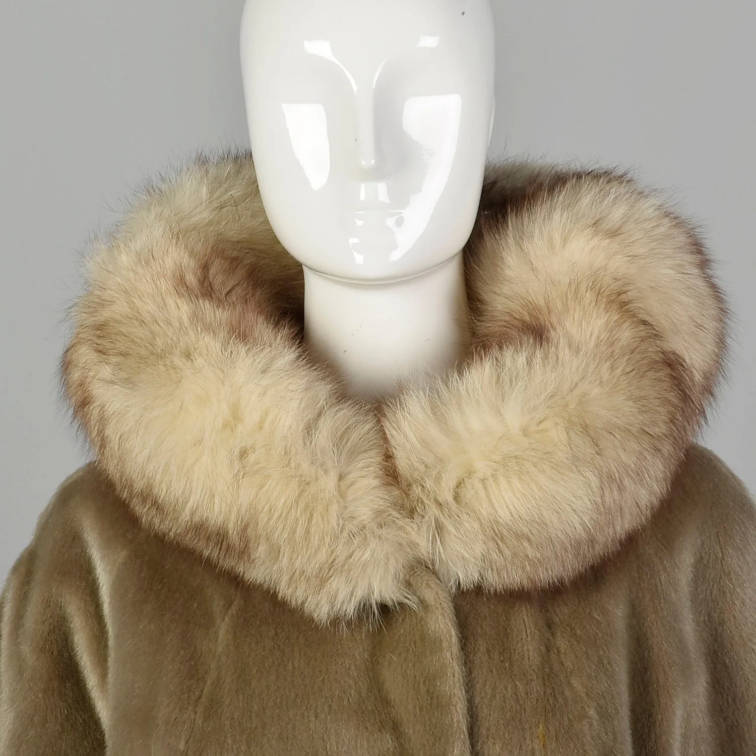 Large 1960s Tan Faux Fur and Fox Fur Collar Coat