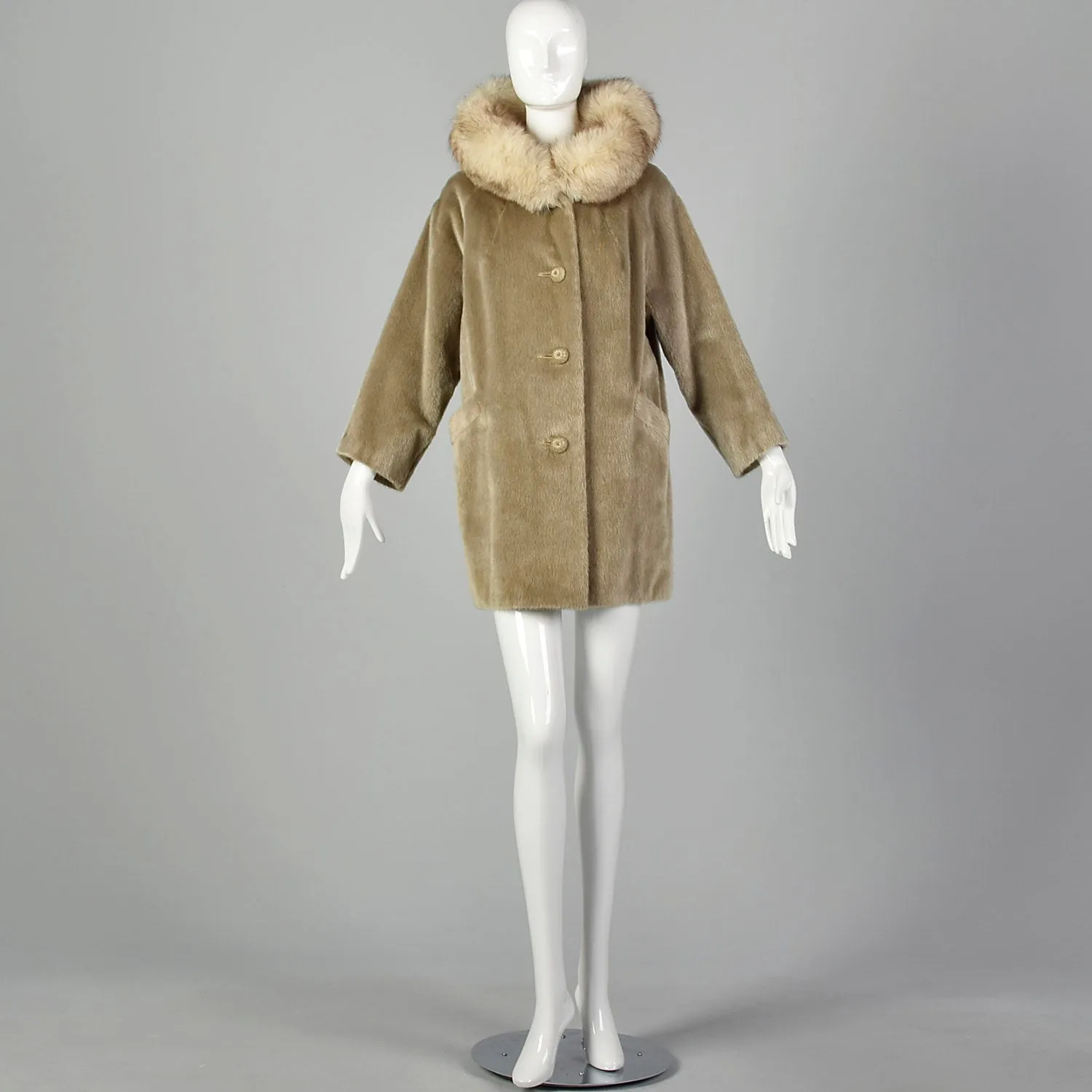 Large 1960s Tan Faux Fur and Fox Fur Collar Coat