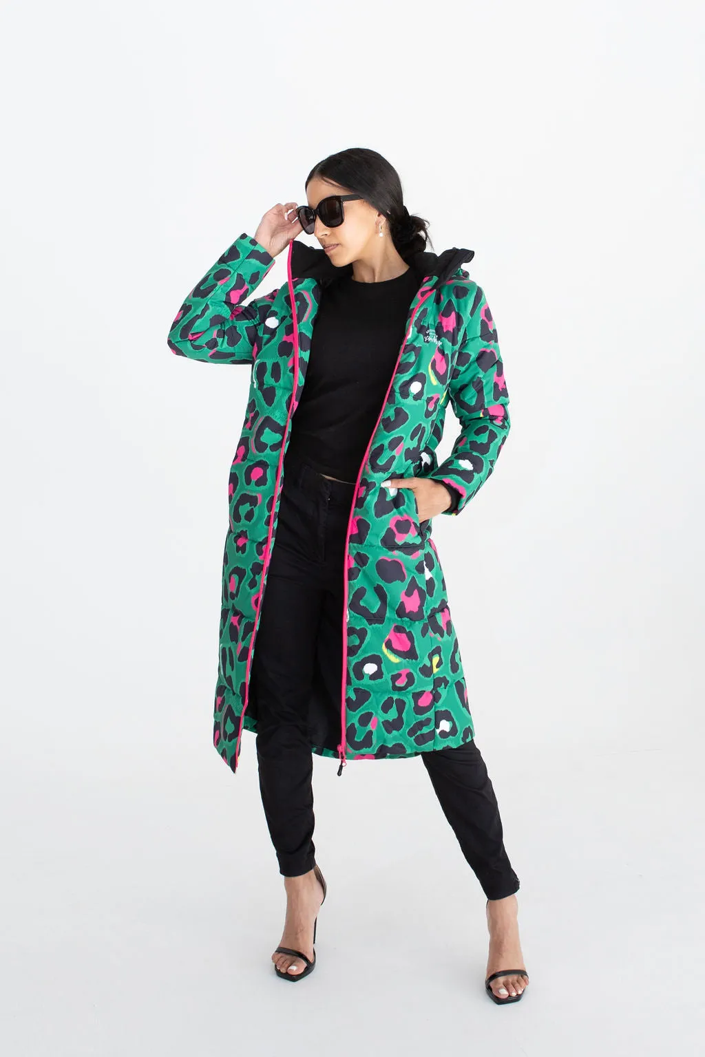 Leopard Pop waterproof longline puffer coat