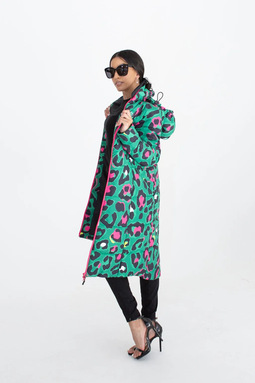 Leopard Pop waterproof longline puffer coat