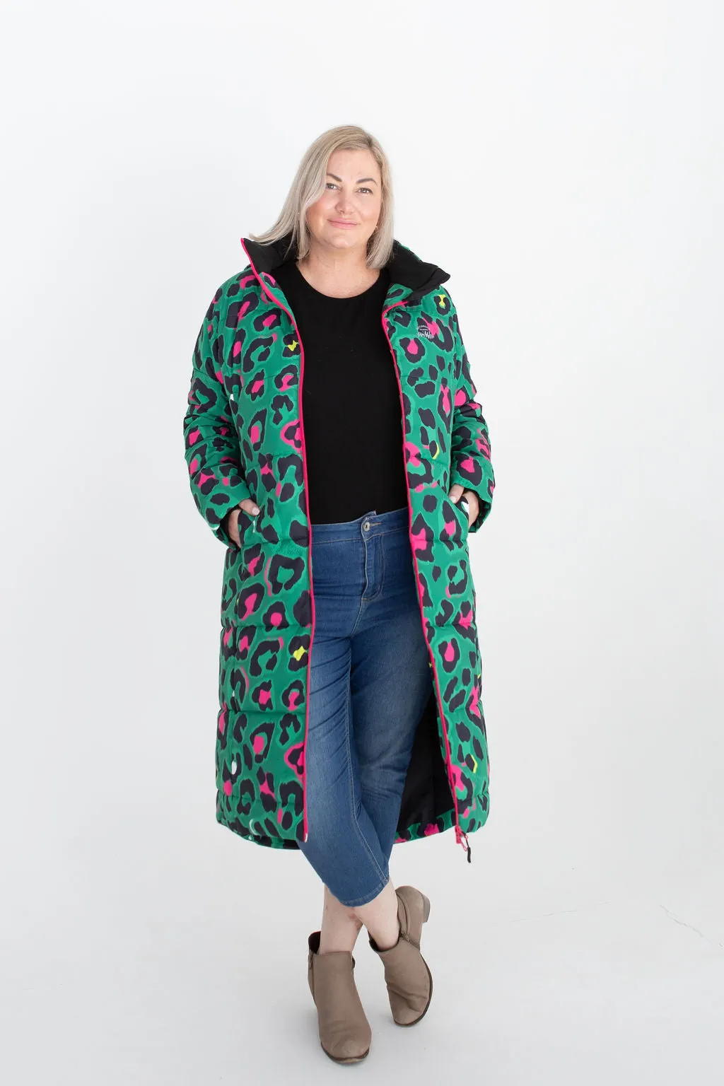 Leopard Pop waterproof longline puffer coat