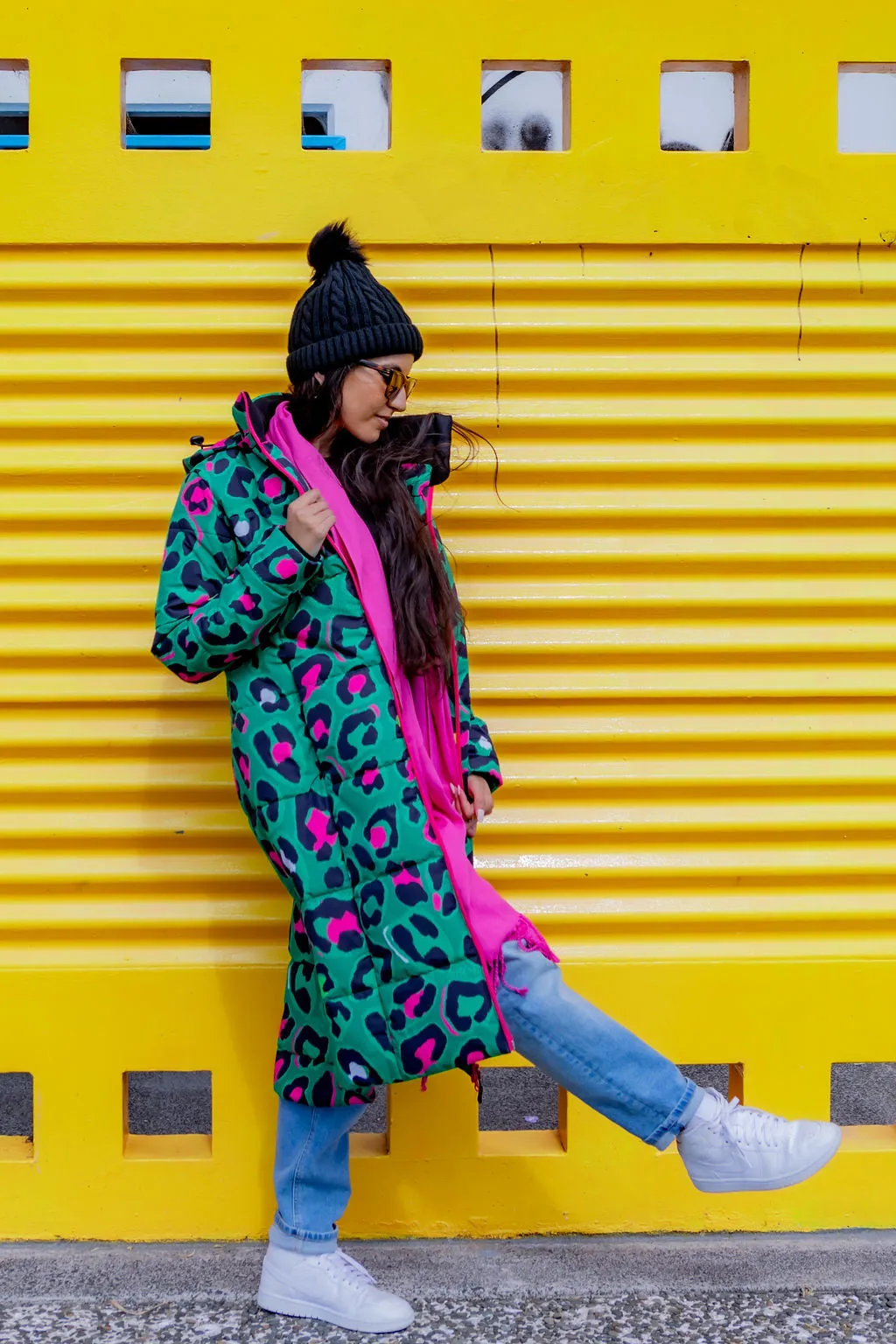 Leopard Pop waterproof longline puffer coat