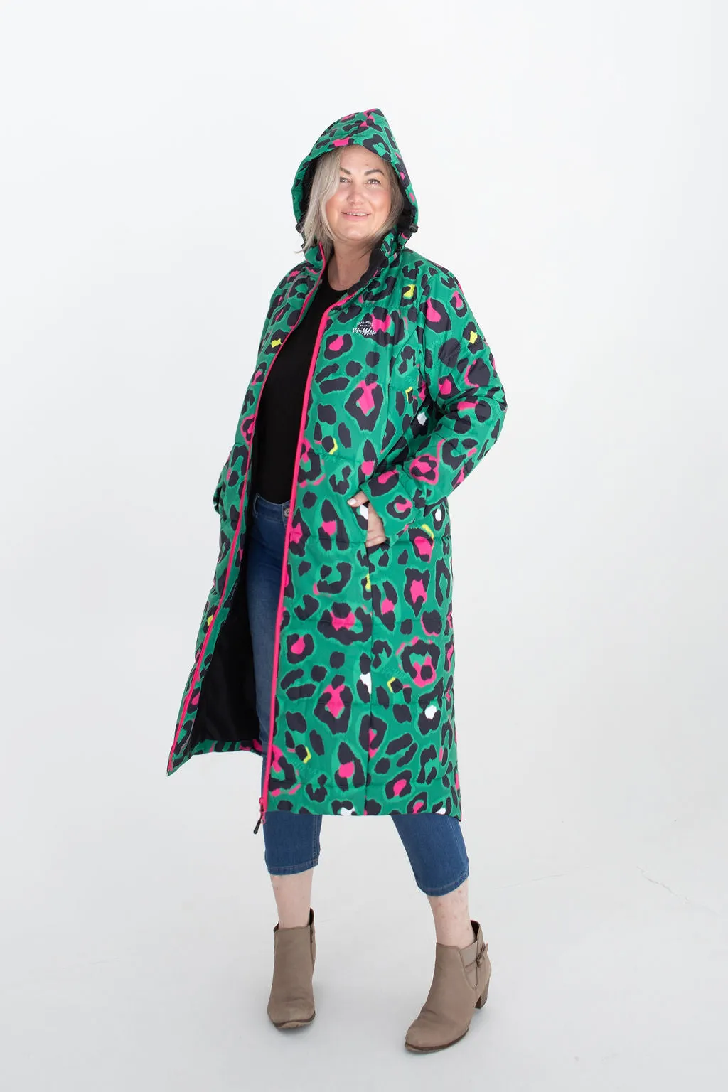 Leopard Pop waterproof longline puffer coat