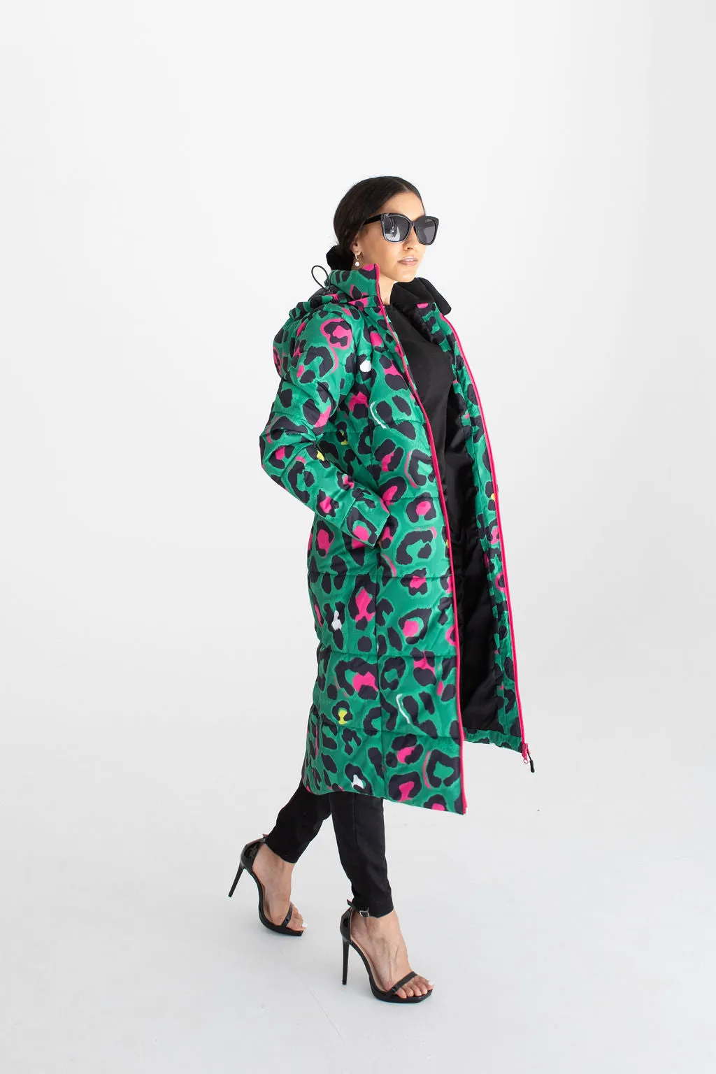 Leopard Pop waterproof longline puffer coat