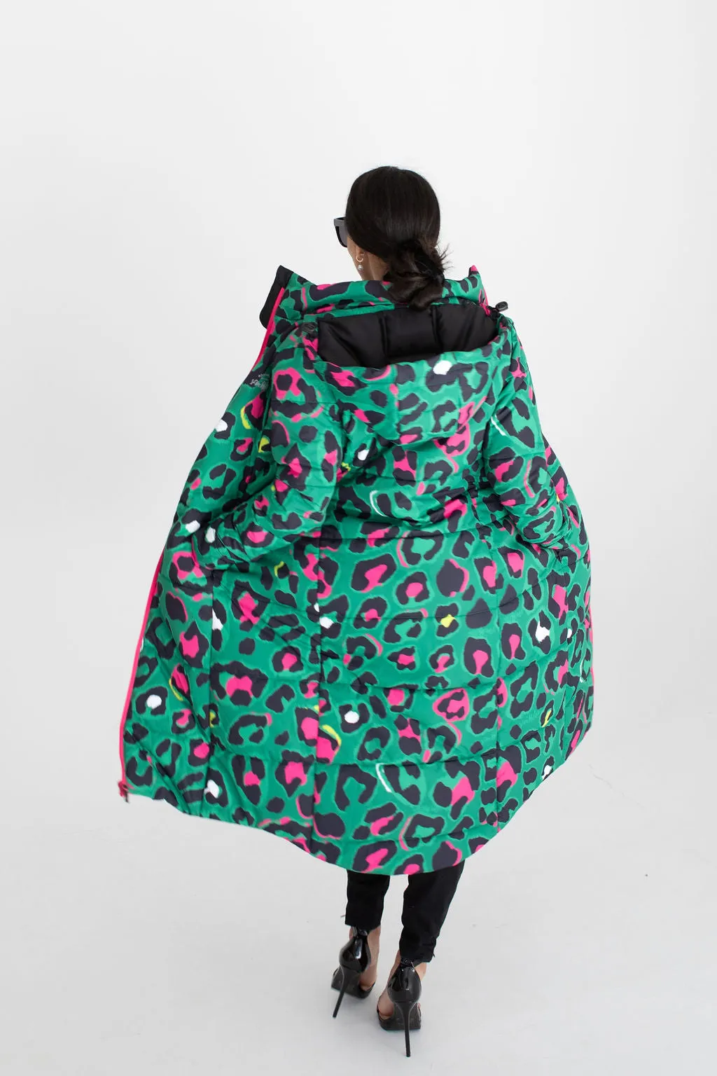 Leopard Pop waterproof longline puffer coat