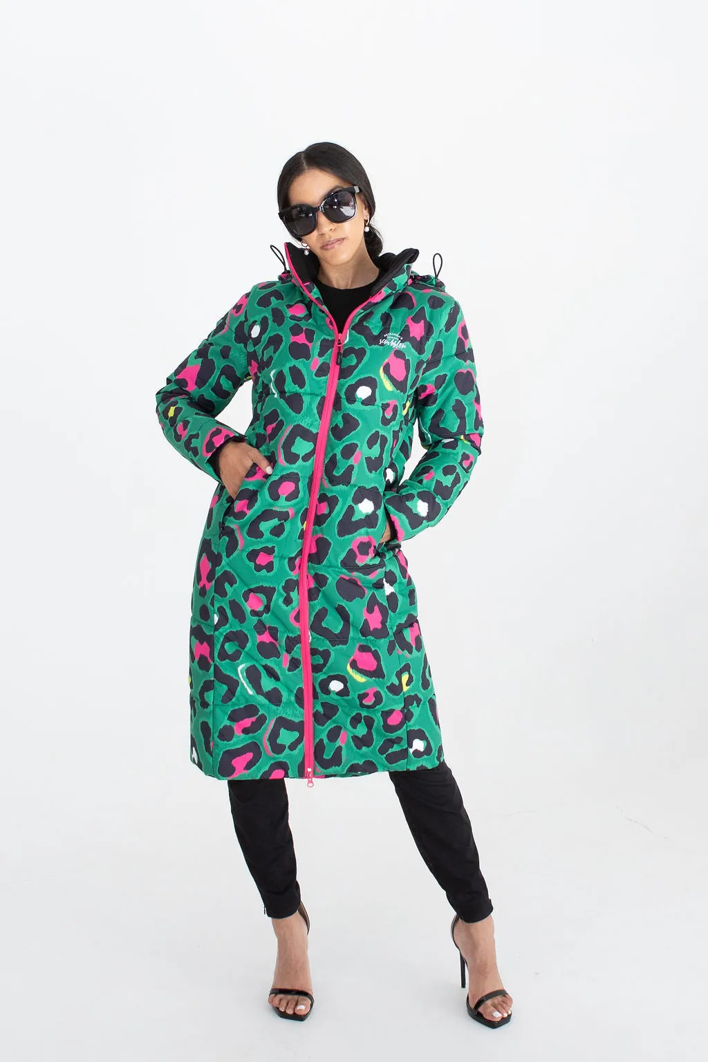 Leopard Pop waterproof longline puffer coat