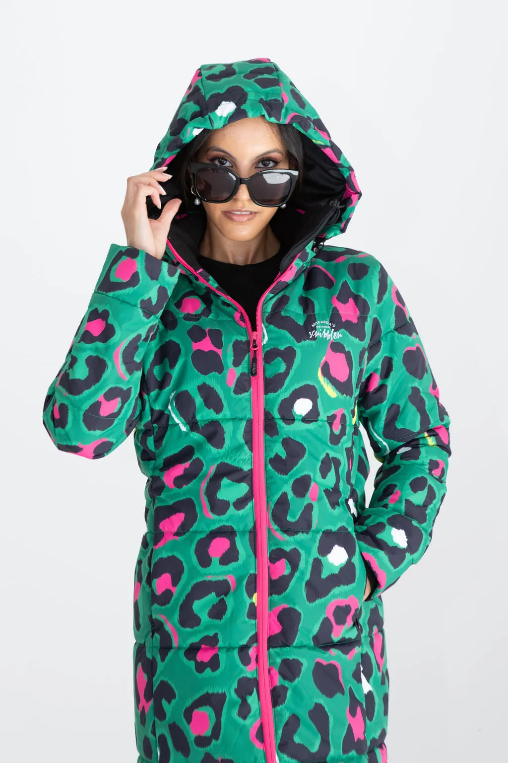 Leopard Pop waterproof longline puffer coat