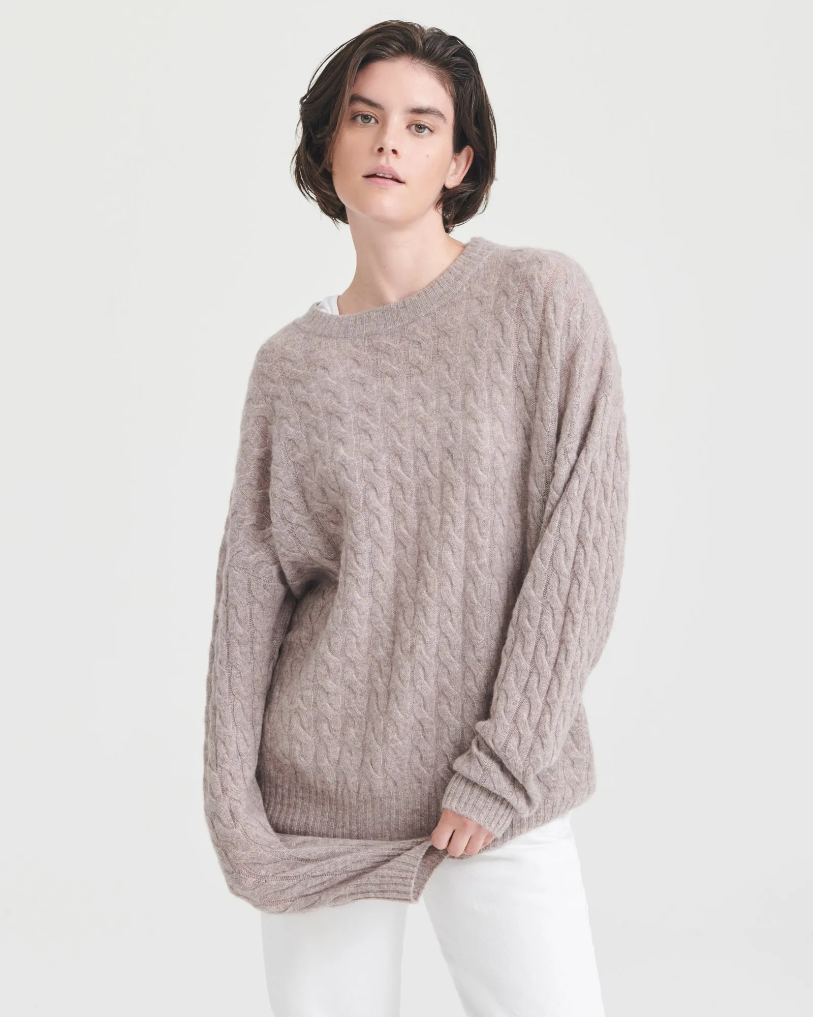 Lightweight Cashmere Cable Knit Oversized Crewneck