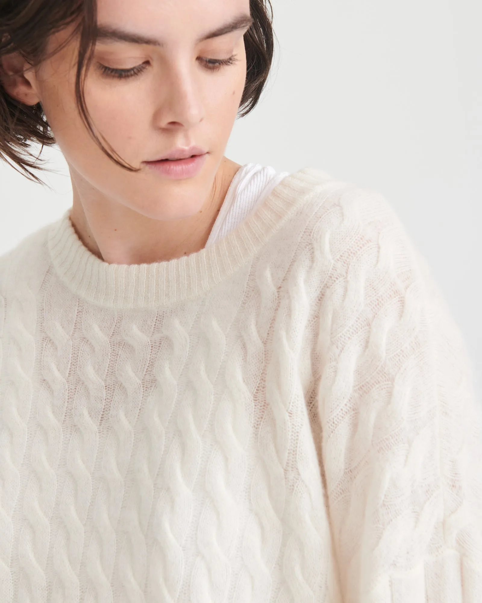 Lightweight Cashmere Cable Knit Oversized Crewneck