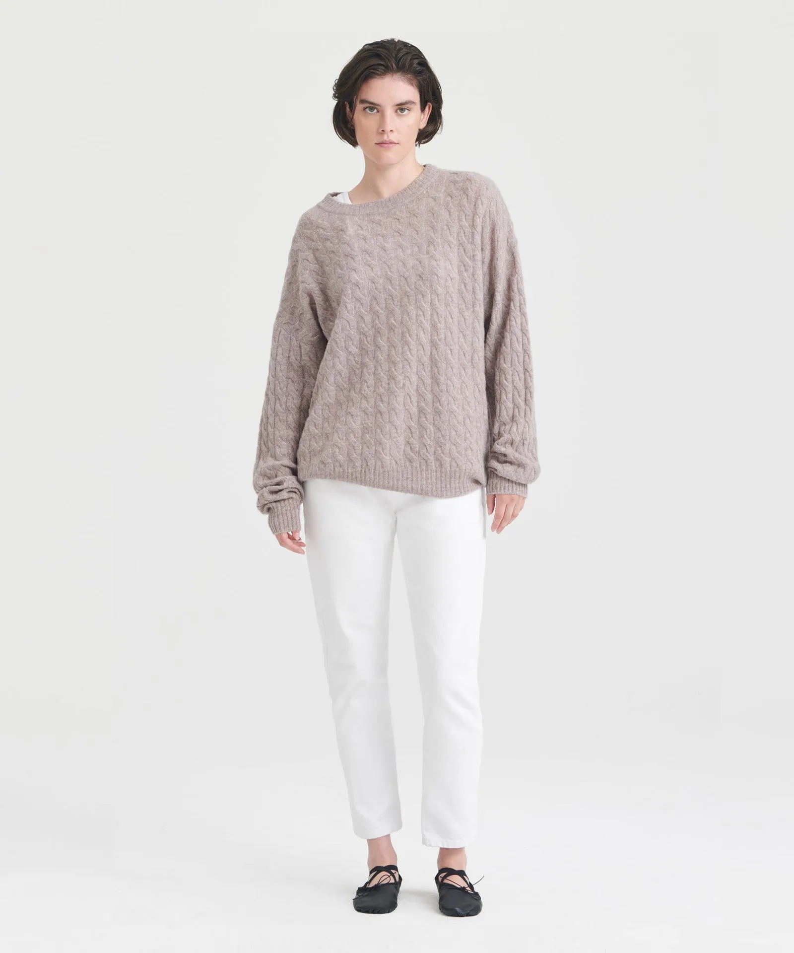 Lightweight Cashmere Cable Knit Oversized Crewneck