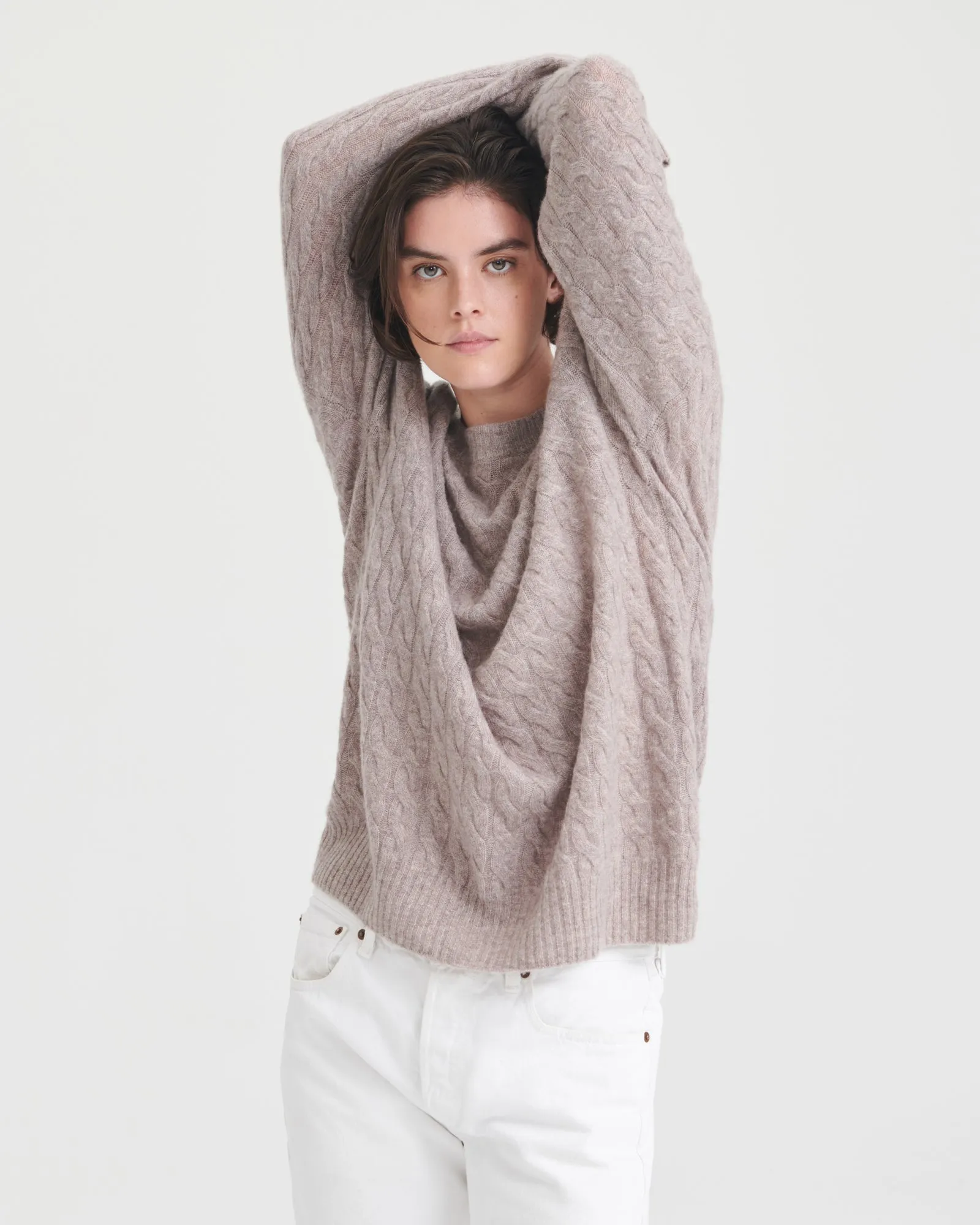 Lightweight Cashmere Cable Knit Oversized Crewneck