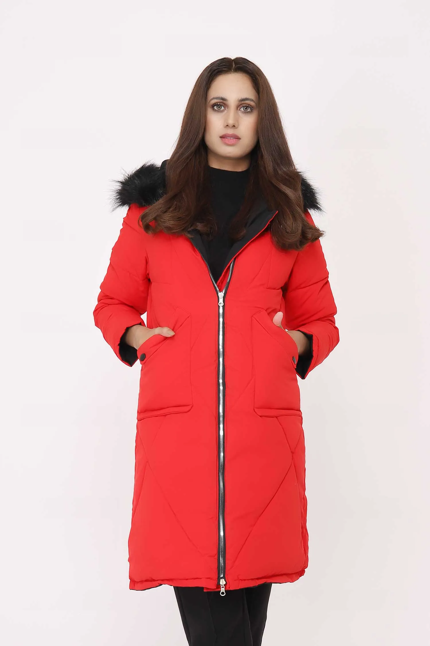 LONG PUFFER JACKET-RED-BLACK