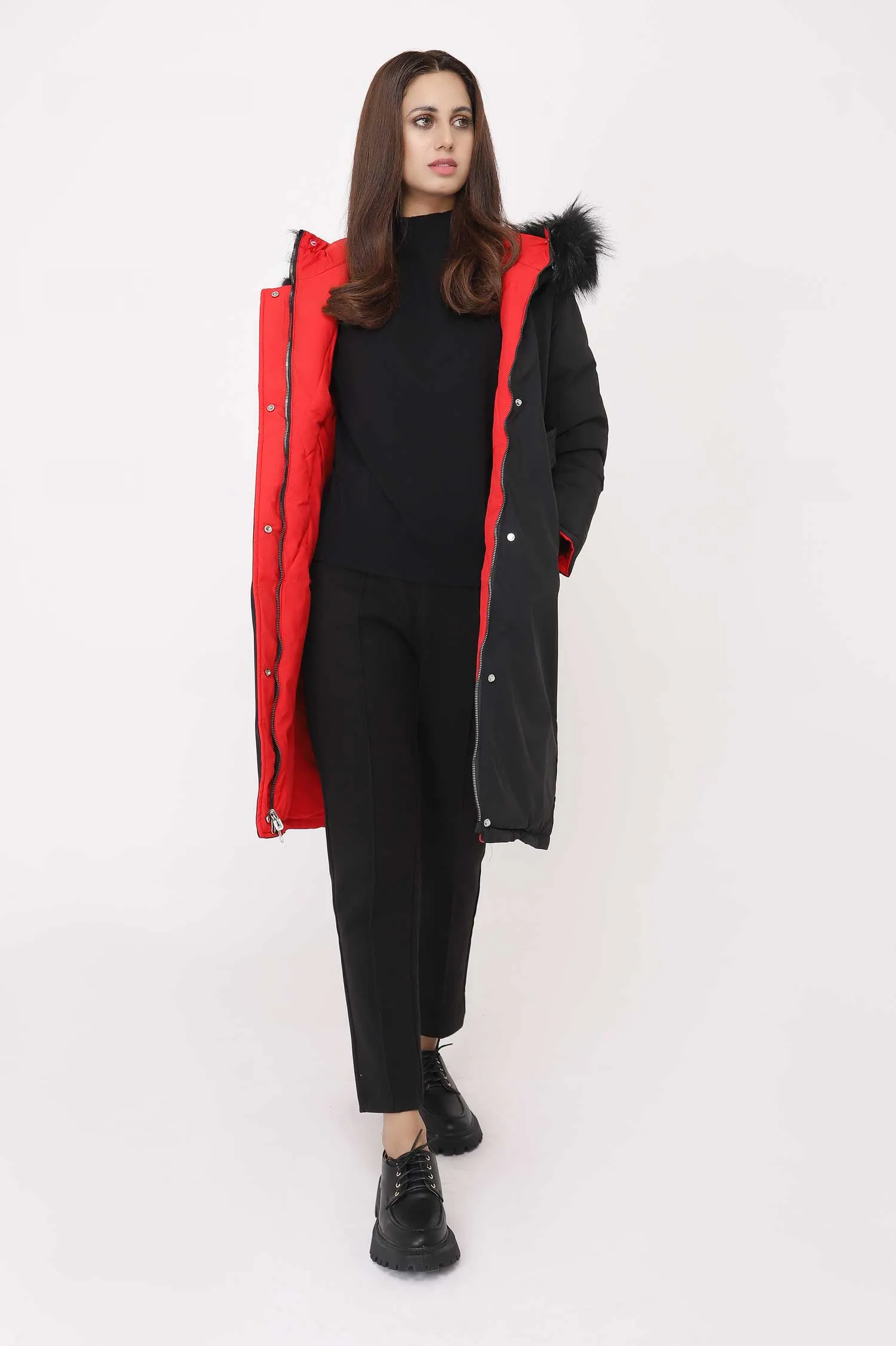 LONG PUFFER JACKET-RED-BLACK