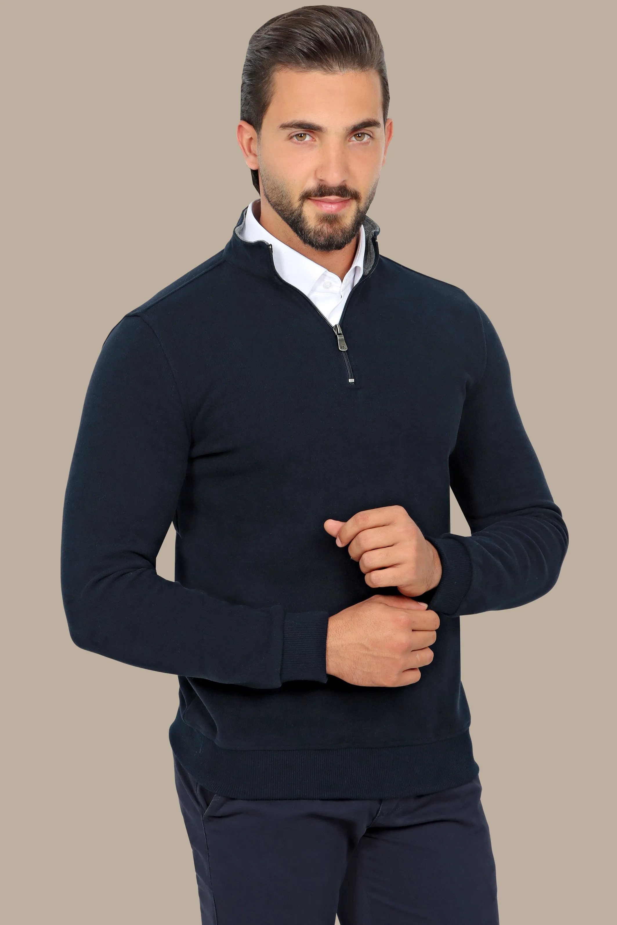 Luxurious Comfort: Navy Velvet Half-Zipper Sweater