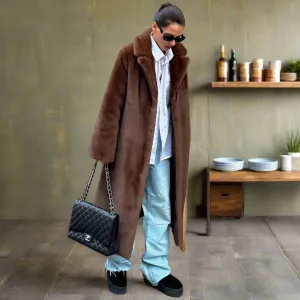 Luxury Long Fluffy Faux Fur coat trench coat