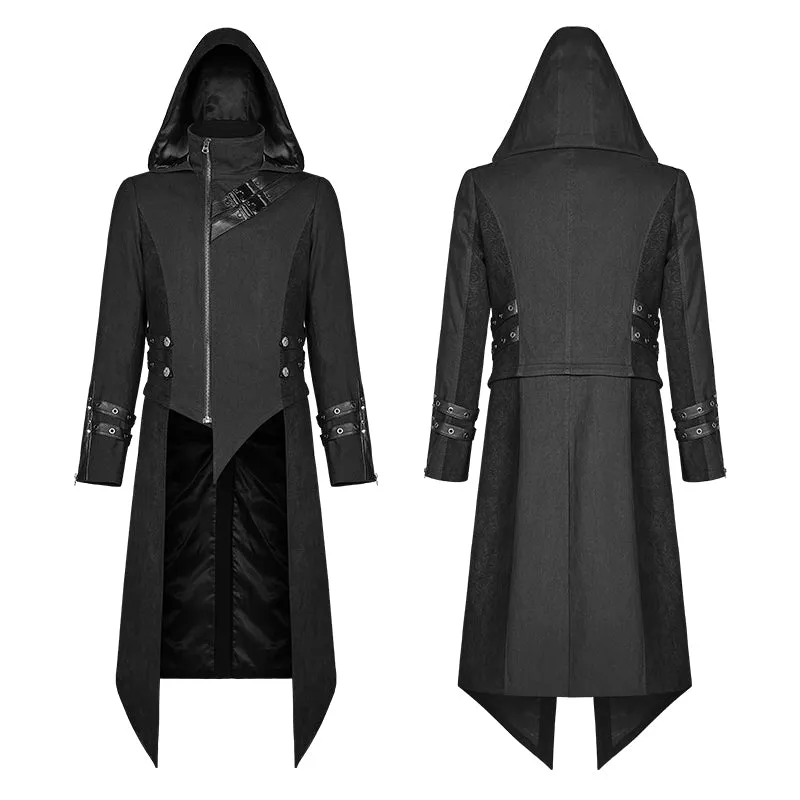 Men Punk Split Hooded Jacket Asymmetrical Long Trench Coat