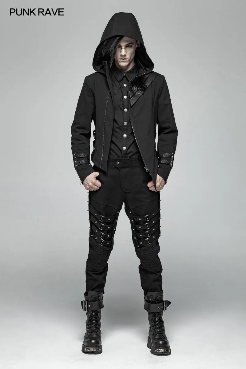 Men Punk Split Hooded Jacket Asymmetrical Long Trench Coat