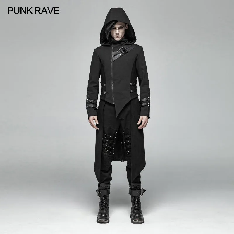 Men Punk Split Hooded Jacket Asymmetrical Long Trench Coat