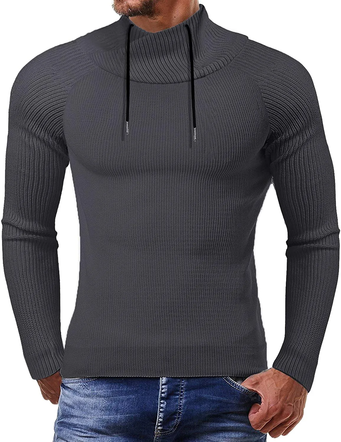 Men's Black Knitted Turtleneck String Collar Sweater